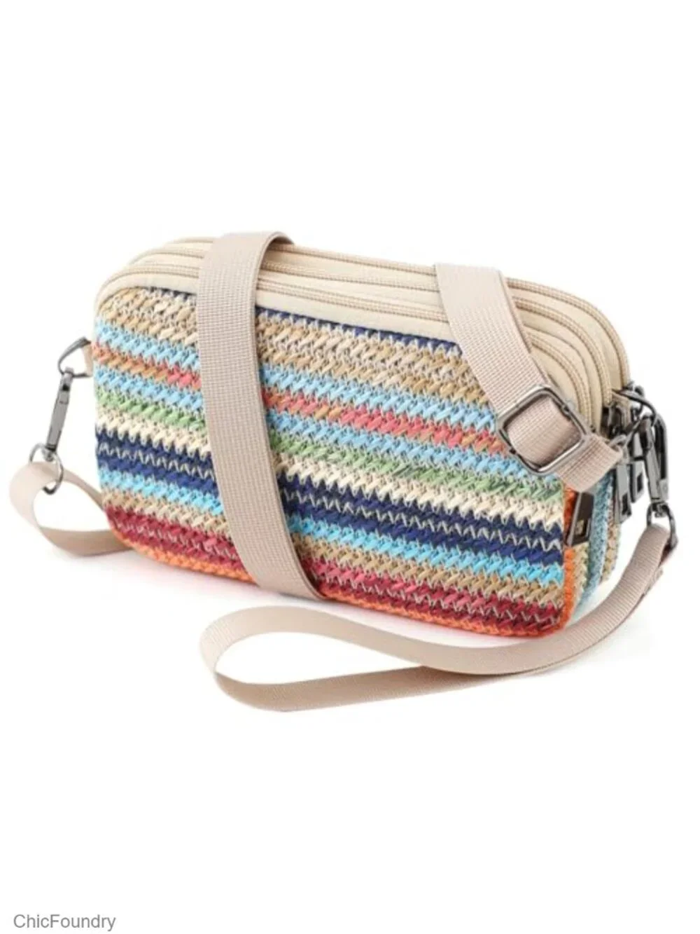 3-Zip Woven Straw Wristlet Crossbody Phone Purse